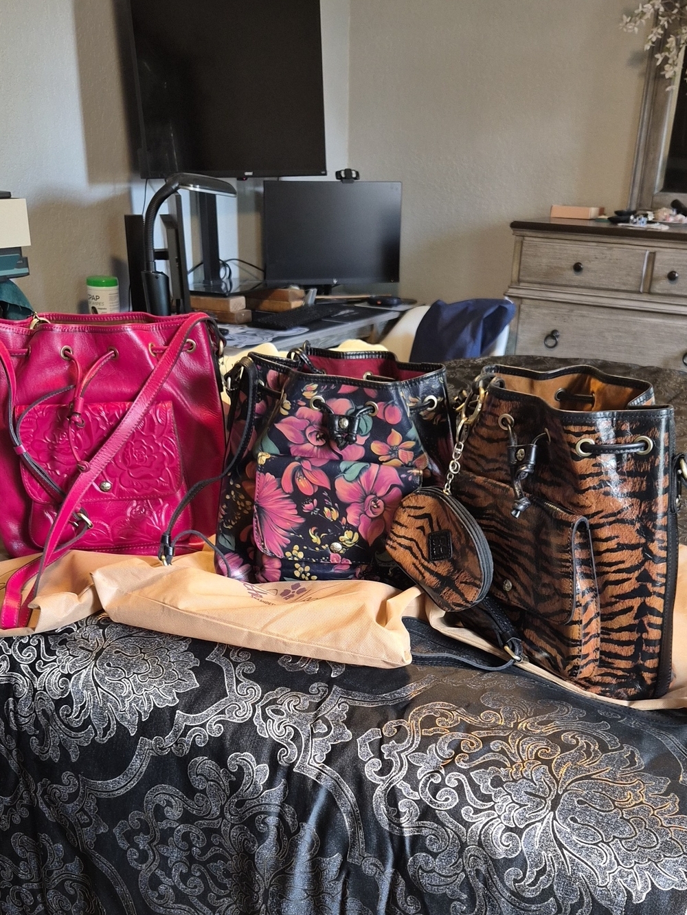 Patricia Nash Trio: Hot Pink, Floral Multicolor & Tiger Stripe Shoulder Bags